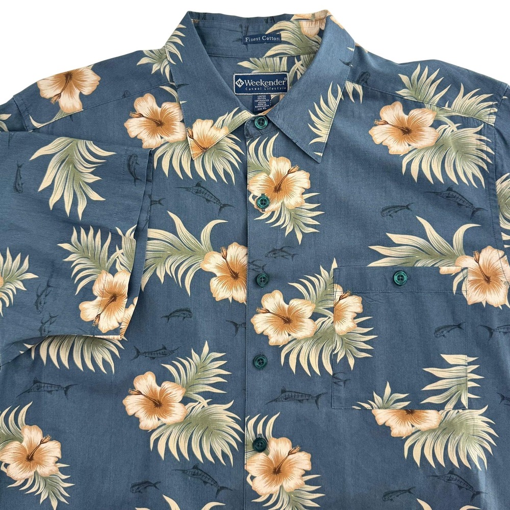 Weekender Mens Blue Hawaiian Floral Fish Print Button Up Shirt Size XL Camp